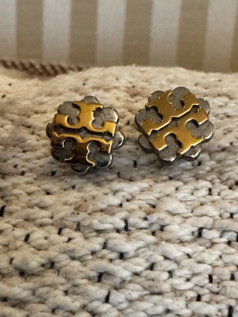 Tory Burch Gold Logo Studs with Gold Round Charm - Picture 2 of 3